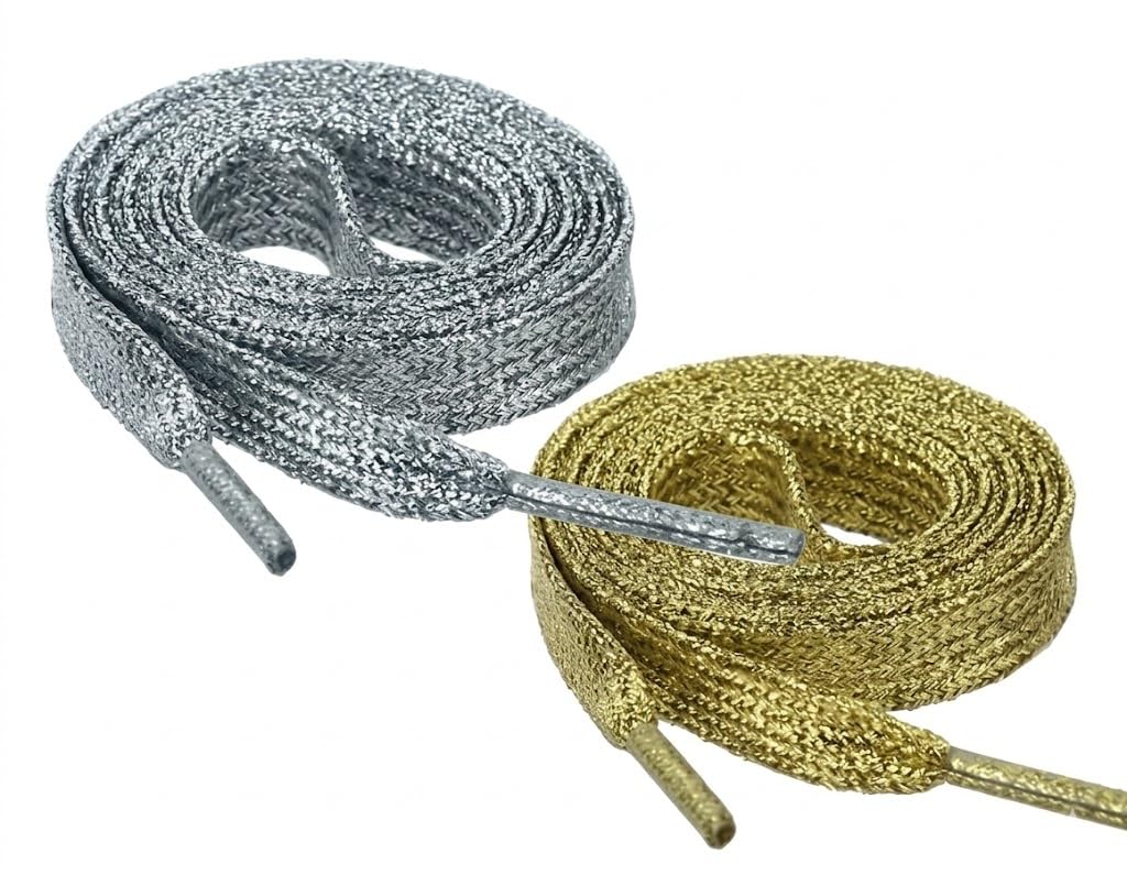 Shiny Flat Shoelaces, Gold and Silver, Set of 2, Elegant Metal Design