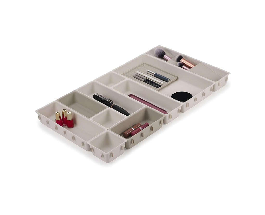 Brush Holder - 12 Piece Beige Modular Makeup Drawer Set for Beauty and Care Features Pencil Tray and Storage Organizer for Vanity Table Very Stylish