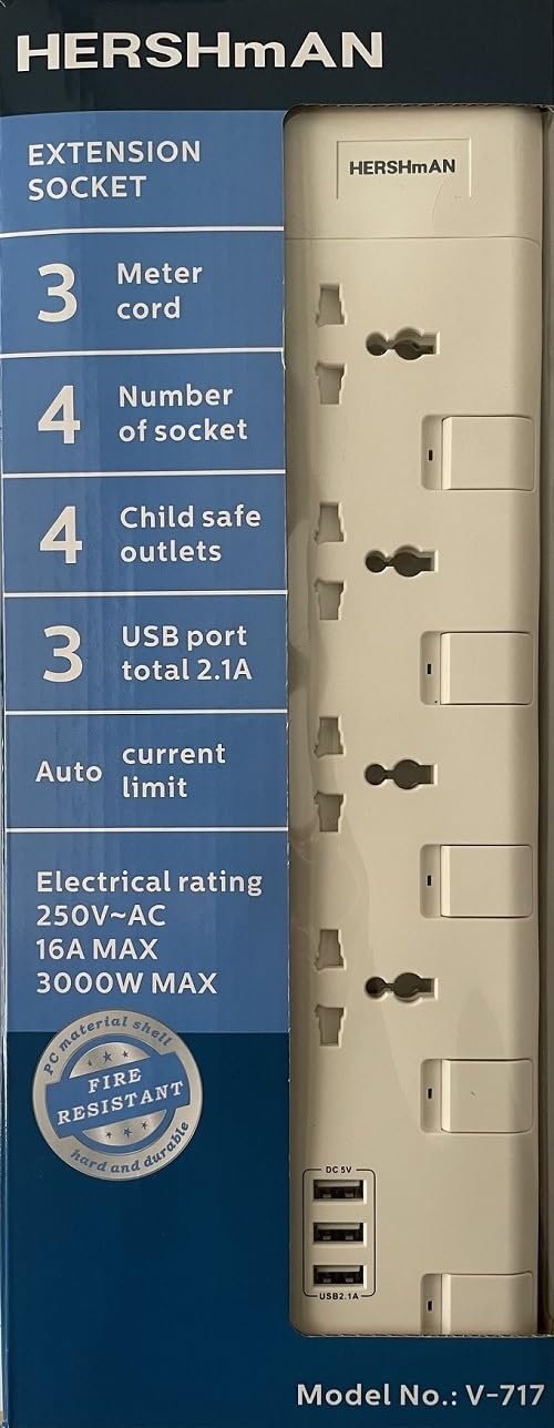 Hershman High Watt Heavy Duty Extension Socket for House Appliances, 4 sockets, 3 USB slots, up to 16A