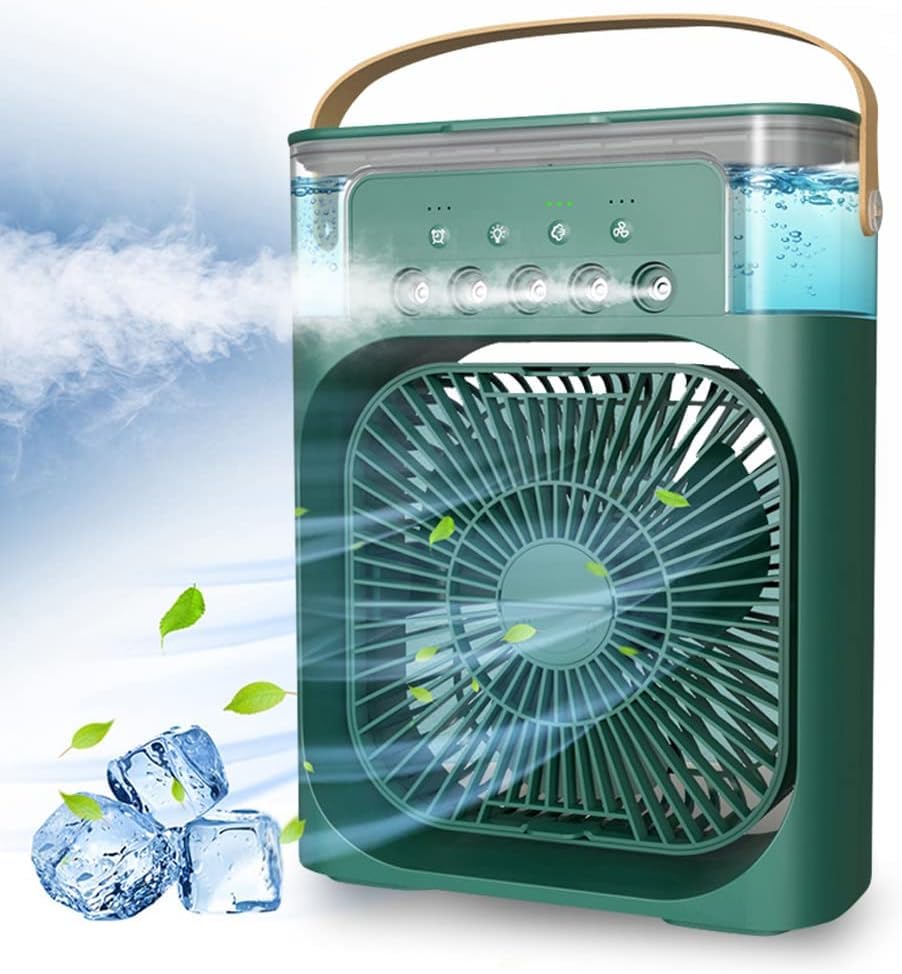 Portable Air Conditioner Fan, 4 in 1 Personal Mini Cooling Fan with Water Mist Spray, 3 Speeds Evaporative Air Cooler Small Aircon Humidifier Water Fan Spray Mist Desk Fan for Home Office Room (Green)