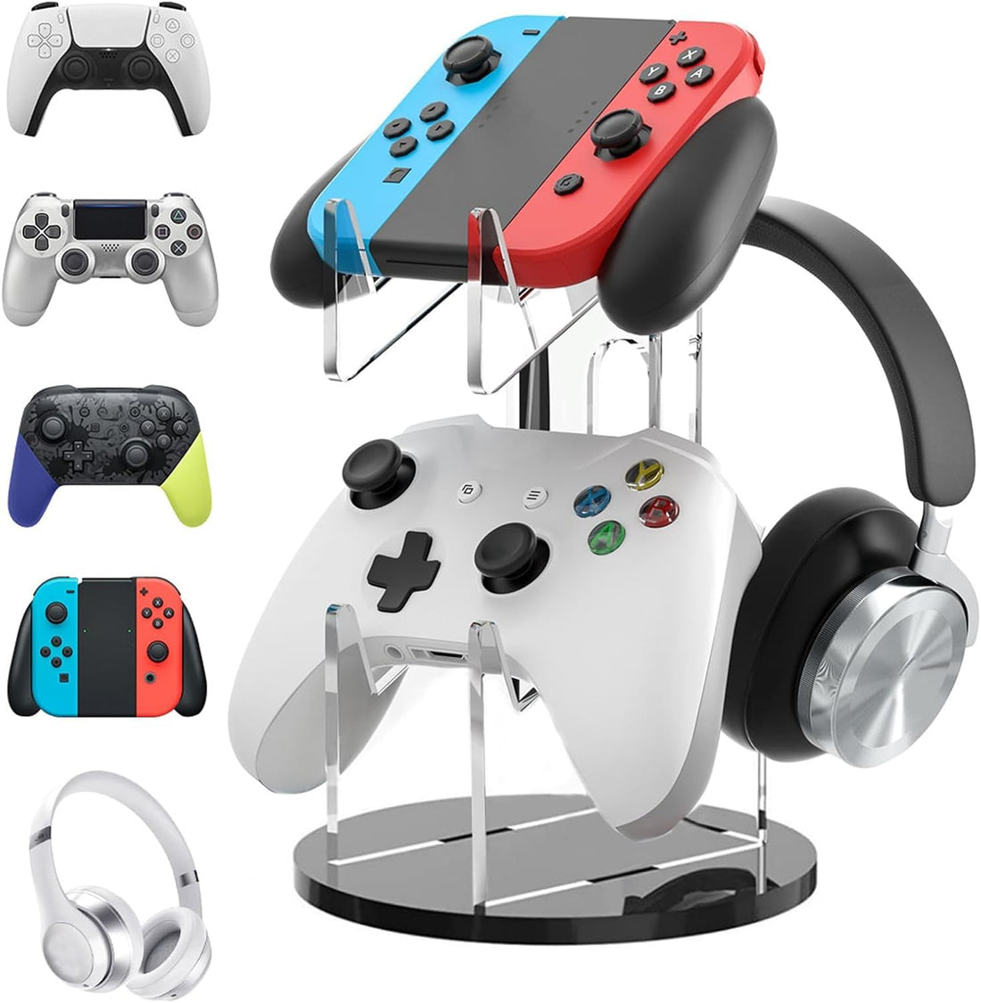 HPX Universal Dual Controller Holder Headset Stand: Game Controller Stand 3 Tier Gamepad Headphone Stand Acrylic Holder Storage Organizer for Xbox Series PS5 PS4