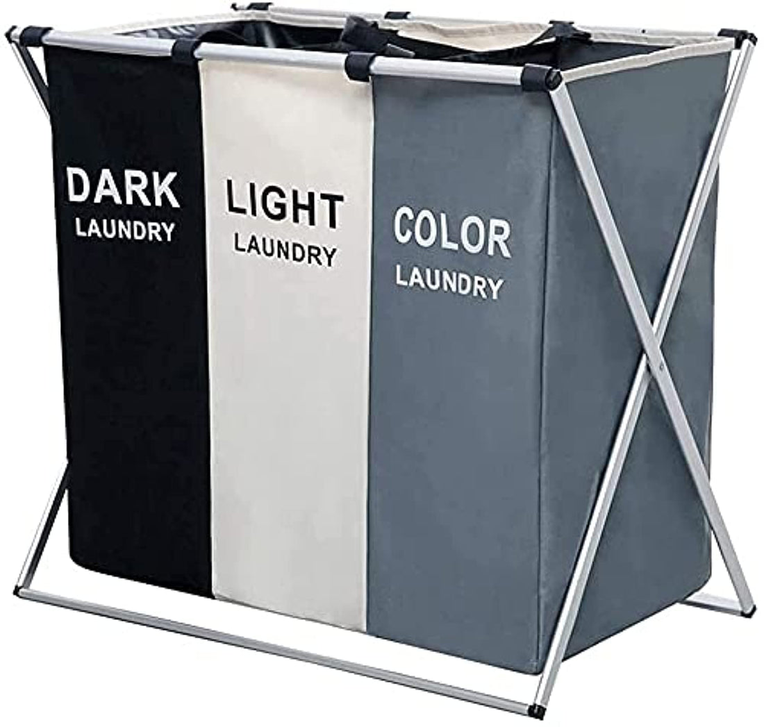 Necomi Laundry Basket Cloth Hamper Sorter Basket Bin Foldable 3 Sections with Aluminum Frame 68cm × 38cm x 60cm Washing Storage Dirty Clothes Bag for Bathroom Bedroom Home 137L (White+Grey+Black)