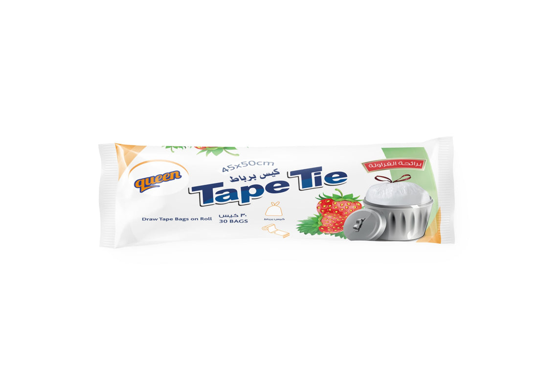 Queen strawberry scented draw tape garbage bags roll, white - 30 bags