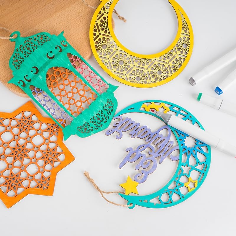 Khazna 4 Pcs Ramadan Eid Wooden Ornaments Eid Mubarak Hanging Ornaments Ramadan Mubarak Eid Party Wall Decorations Moon Star Wooden Hanging Ornaments for Tabletop Trees Decor