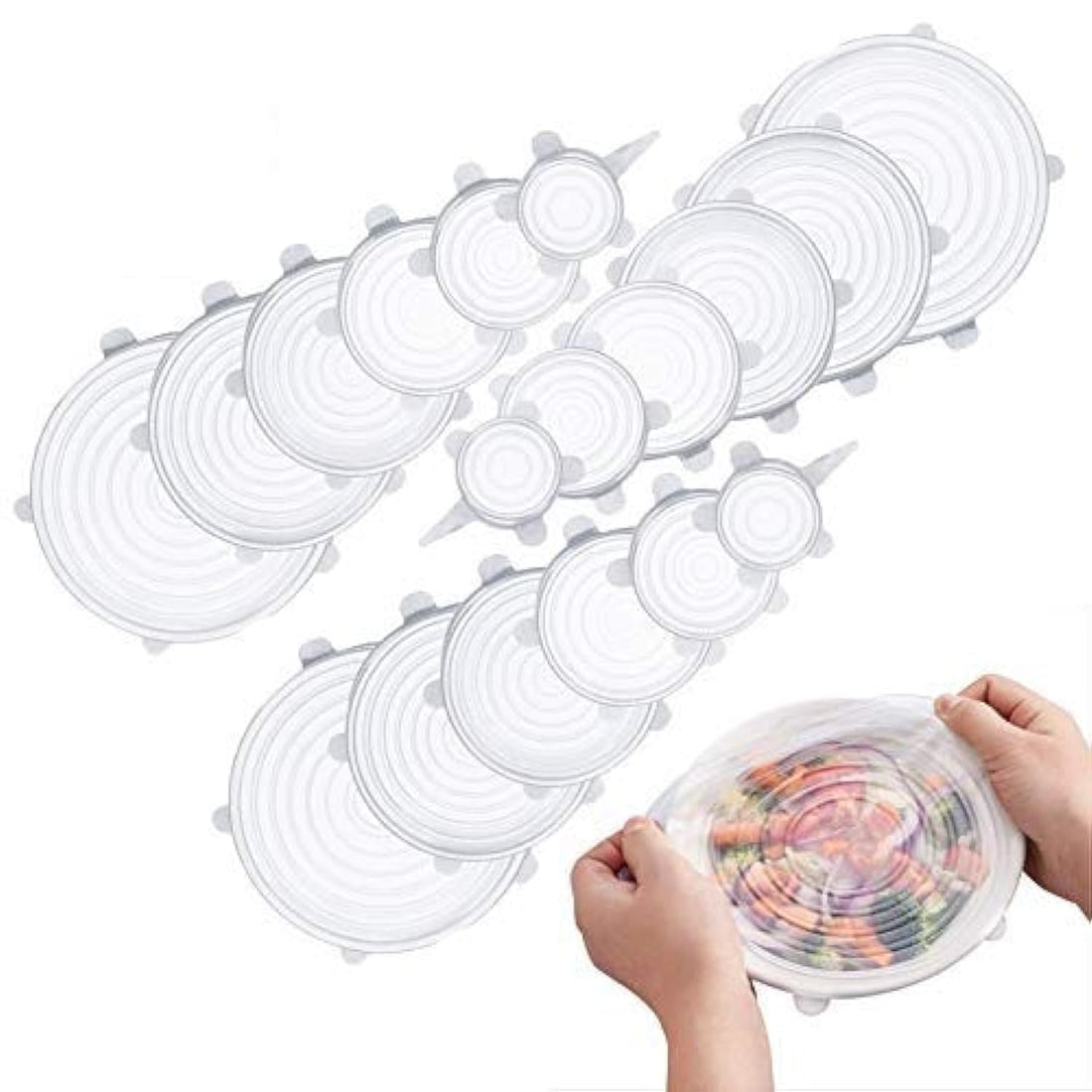Silicone Stretch Lids. 18 Pack to Keeping Food Fresh. Reusable, durable and expandable silicon to fit various sizes of bowl covers, cups, canneds, pot and pans in dishwasher, microwave and Freezer