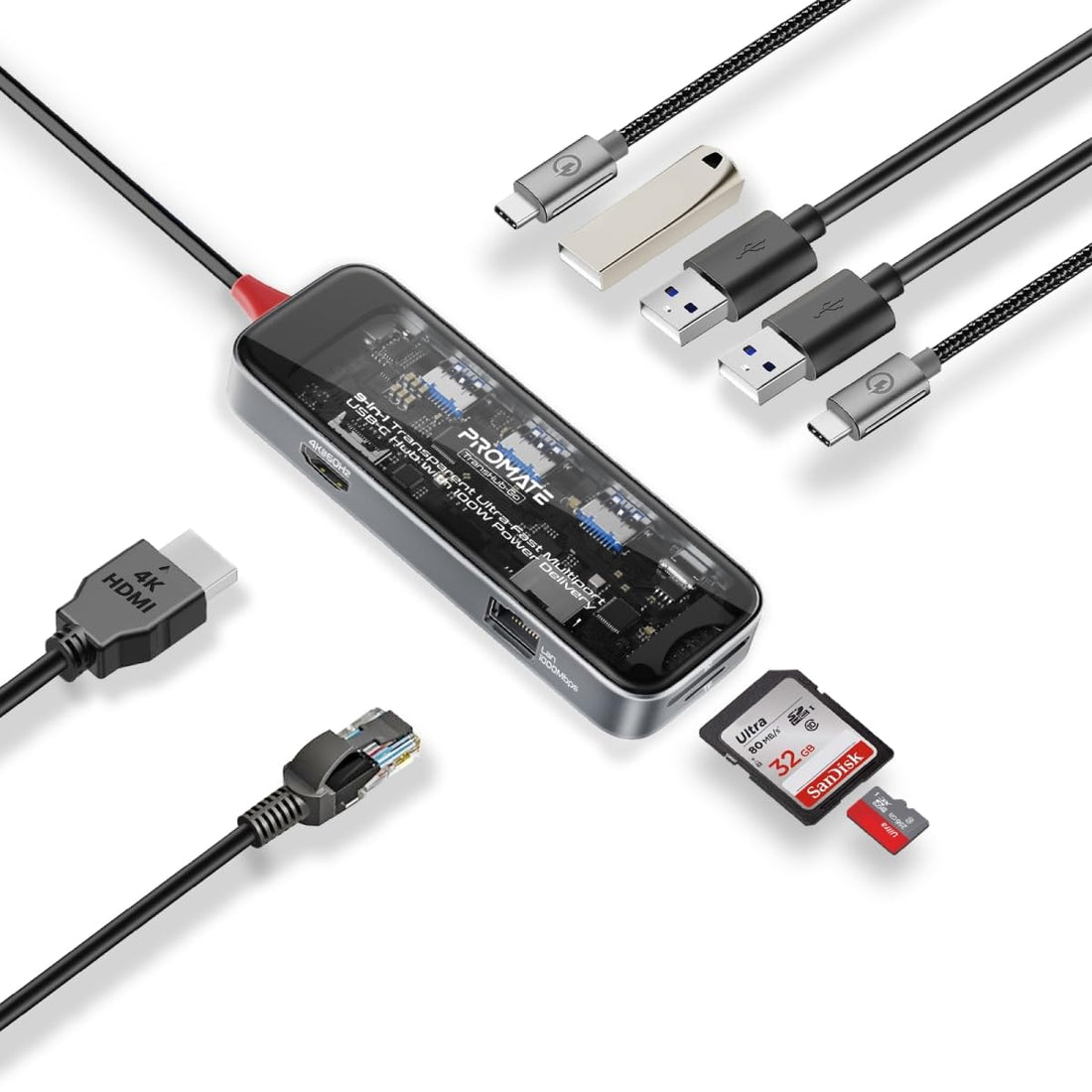 Promate USB-C™ Hub, 9-in-1 Premium Multi-Display Media Hub with Prime 4K@60Hz HDMI, 1000Mbps High-Speed LAN, SD/TF Card Slot, Dual USB-A 5Gbps Ports, 100W USB-C™ Power Delivery, TransHub-Go
