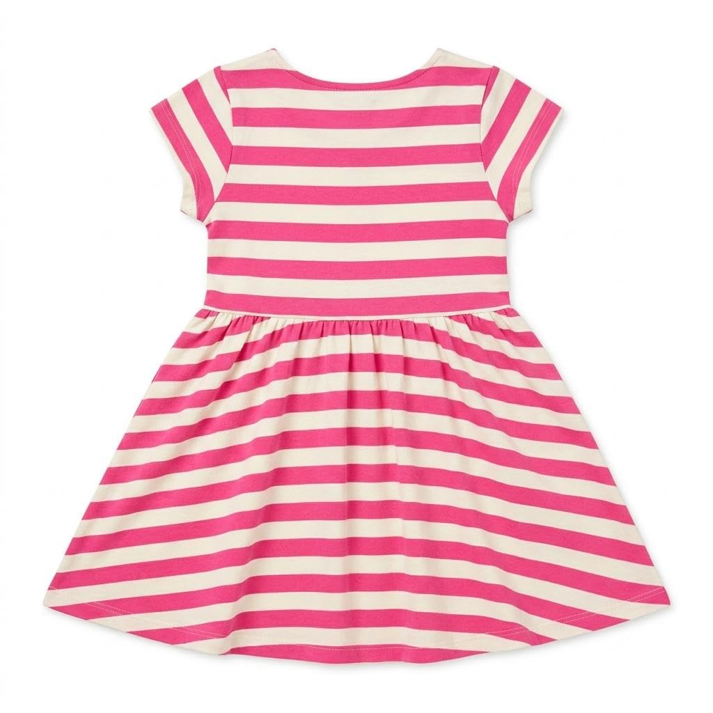 Girls' Striped Cotton Dress – Short Sleeve A-Line Skirt,Sizes 2–8 Years, Soft 100% Cotton, Pink & Cream, Perfect for Everyday Wear & Playdates Girls' Striped Cotton Dress – Home wear - Casual