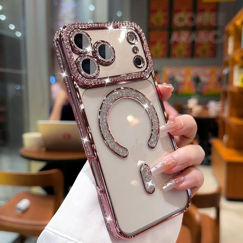 Fekra luxury Case for iPhone 17 Pro Case Compatible with Mag-Safe, Magnetic for Women, with Edge Diamond Case Cover, Transparent Case (Rose Gold, iphone 17 pro)