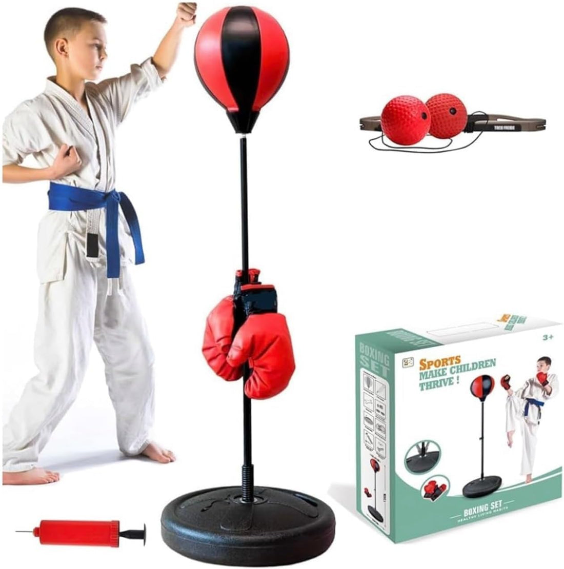 Kids Boxing Training Set with Adjustable Stand – Punching Ball & Height-Adjustable Base – Red and Black Boxing Kit for Boys & Girls