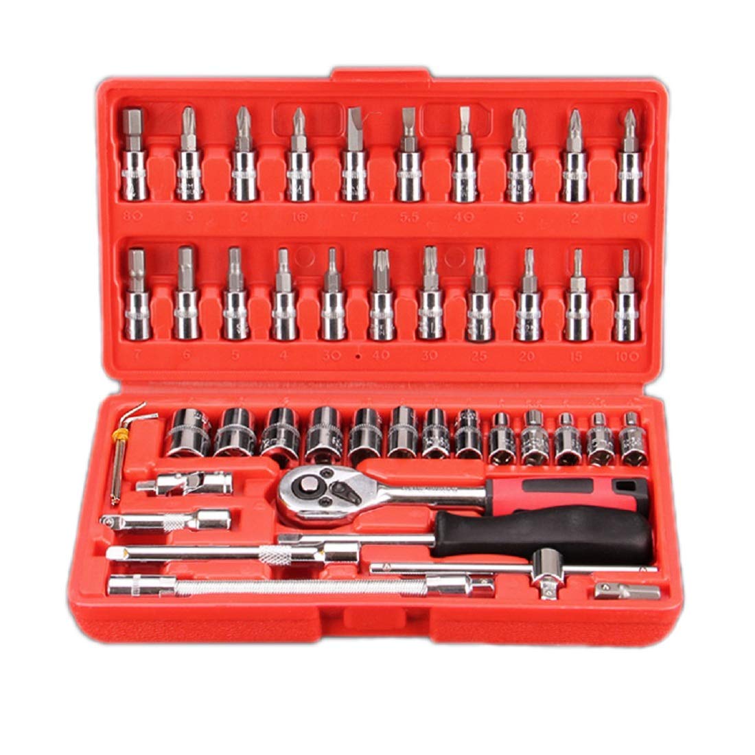 46 Pcs 1/4inch Screwdriver Drive Socket Bit Set Car Repair Tool with Reversible Ratchet Wrench Spinner Handle and Extension Bar Kit-Storage Case Chrome Vanadium Material For Automobile Bike/Bicycle