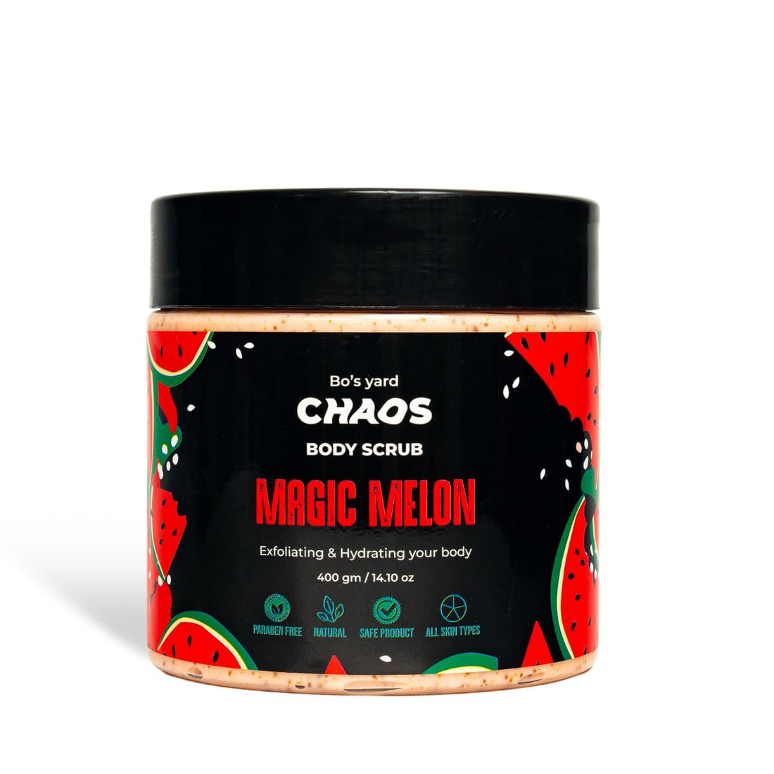 Chaos Magic Melon Body Scrub, Natural Exfoliant with Aloe Vera & Apricot Seeds, Hydrating Blend of Shea Butter, Coconut Oil & Cocoa Butter, For Sensitive Skin, water melon scent, 400g