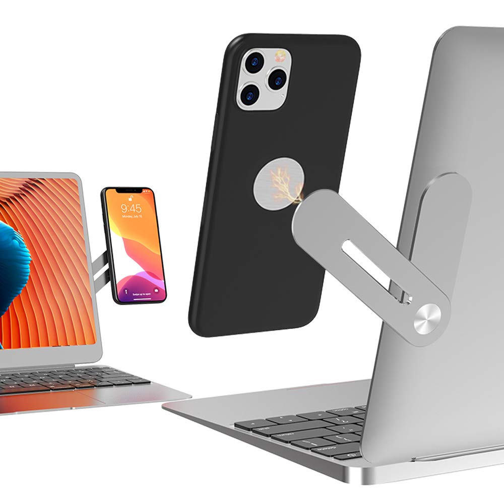 Circle M Laptop Phone Holder, Slim Portable Foldable Monitor Side Mount for Laptop or Desktop, Adjustable Smartphone Stand, Computer Monitor Expansion Bracket, Compatible with Any Phone, Silver
