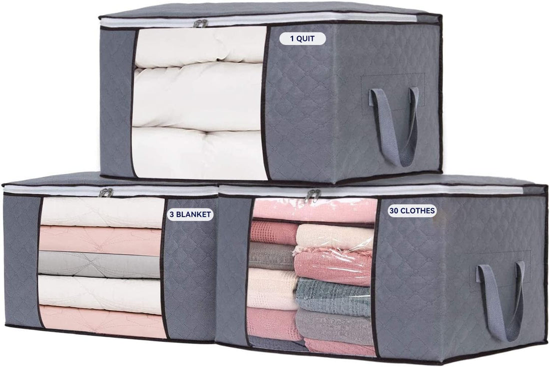 Circle M 3-Pack 90L Large Clothes Storage Bags: Foldable Non-Woven with Zipper Window – Grey