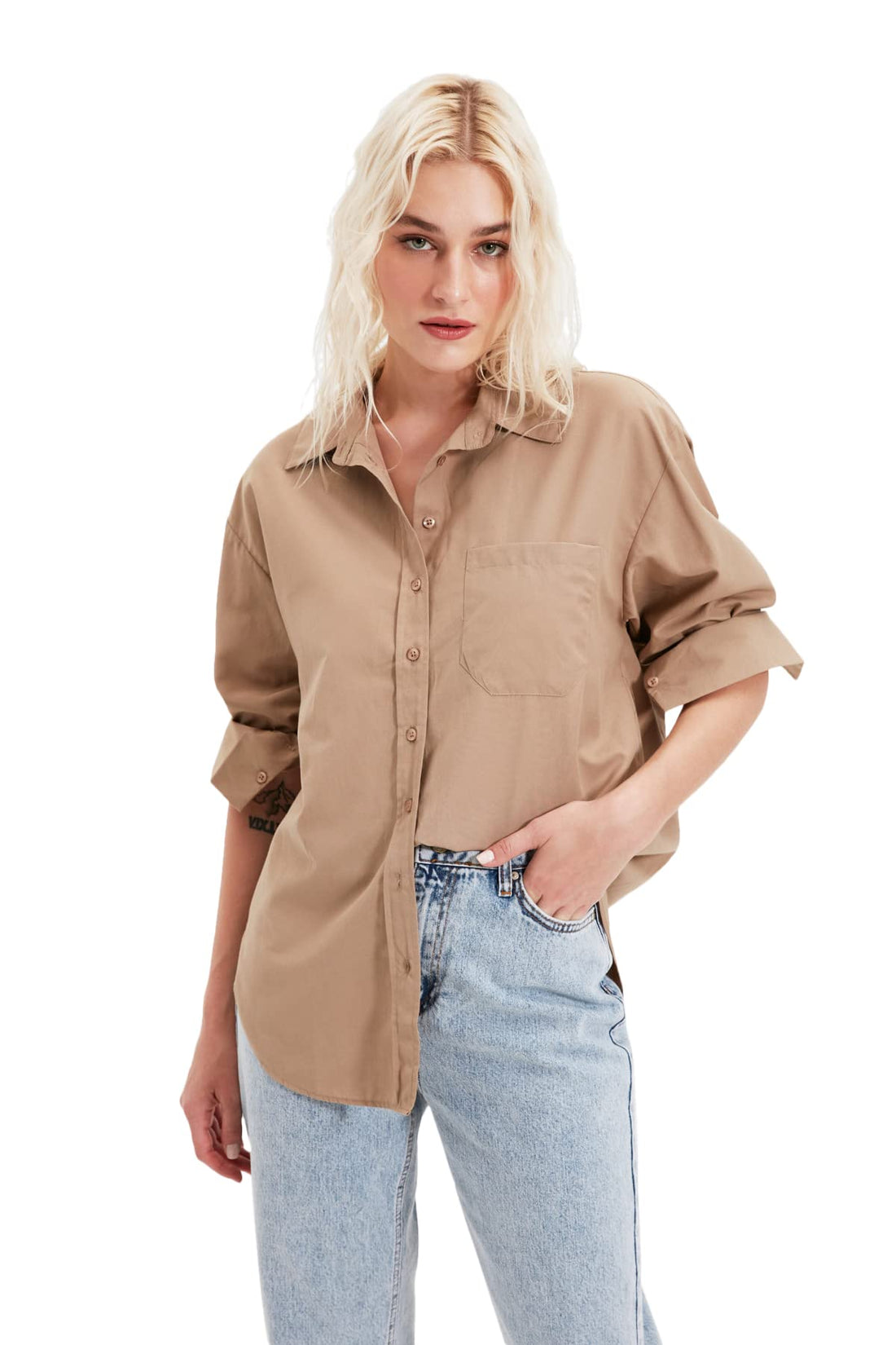 Trendyol Women Single Pocket Boyfriend/Wide Fit Cotton Woven Shirt TWOAW20GO0115 Shirt (pack of 1)