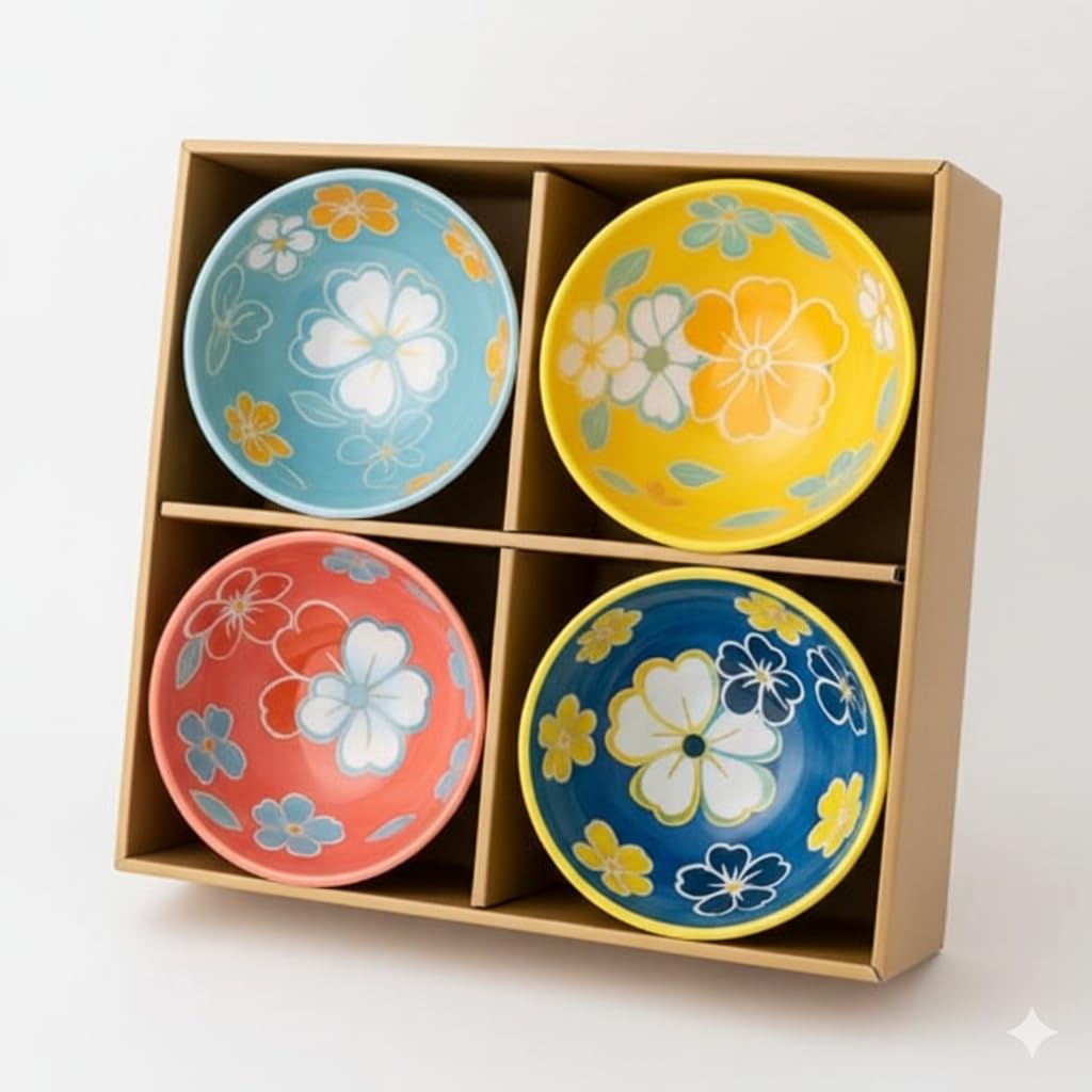 Home Care TT-565A 4-Piece Ceramic Bowl Set with Patterns, Pack of 1, Dining