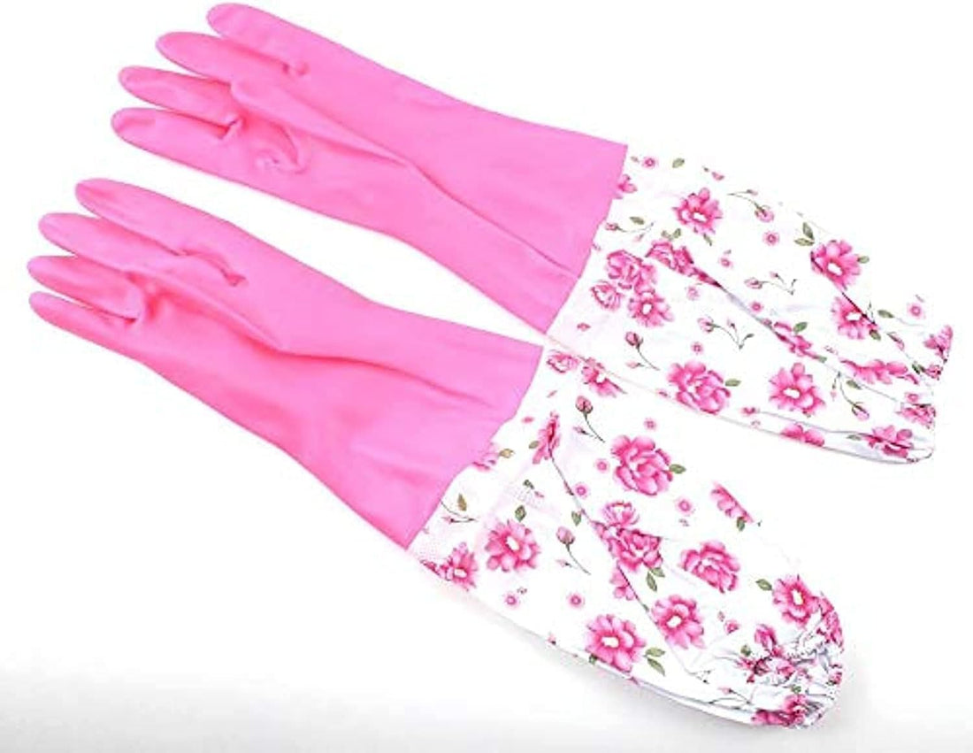 Other Housework Cleaning Latex Rubber Bundle Cuff Winter Velvet Lining Dishwashing Long Waterproof Insulated Gloves (Pink)