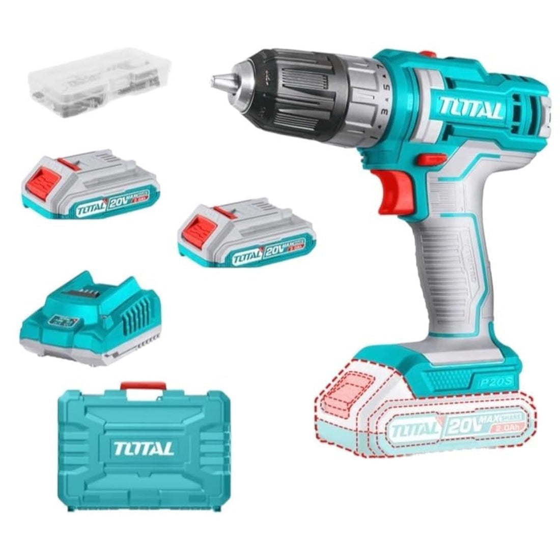 Total Lithium-Ion cordless drill TOTAL 20V 2A Mechanical 2-speed gear 45NM Spindle lock function - TDLI200528