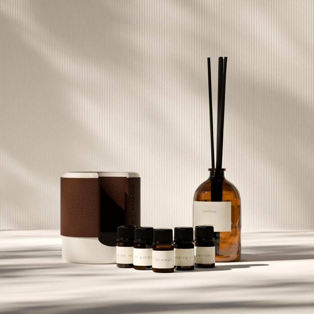 ARTMOOD HOME Sambaq Reed Diffuser Gift Set, 100ML Oil Refill with Concrete Holder, 7 Fiber Sticks and Fragrance Samples, Long-Lasting Home Scent for Modern Interiors