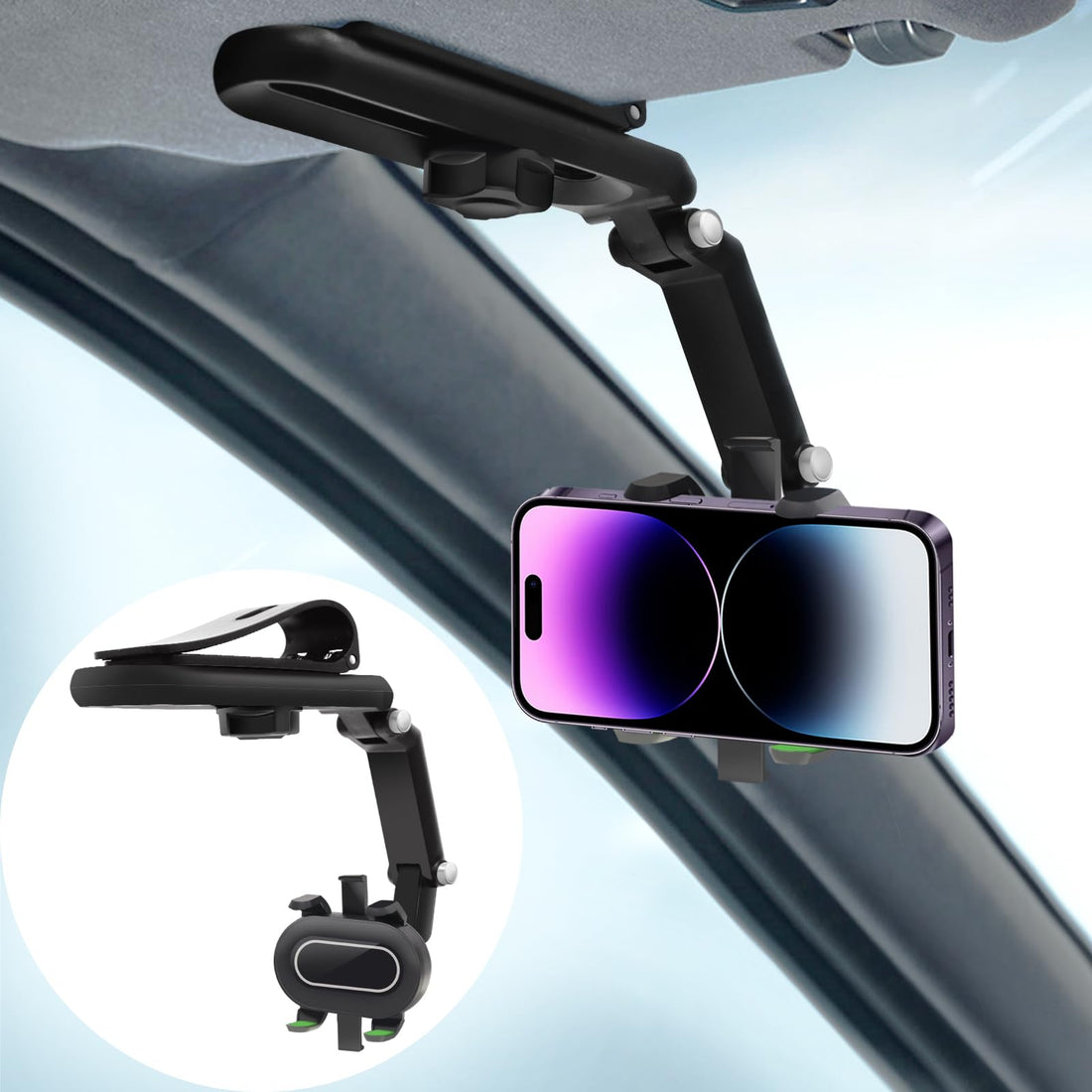 Rotatable and Retractable Car Phone Holder, 1080° Sun Visor Phone Holder Mount for Your Car, Adjustable Cell Phone Car Mount with Long Arm, Universal Car Phone Holder Fits All Phones and Most Cars