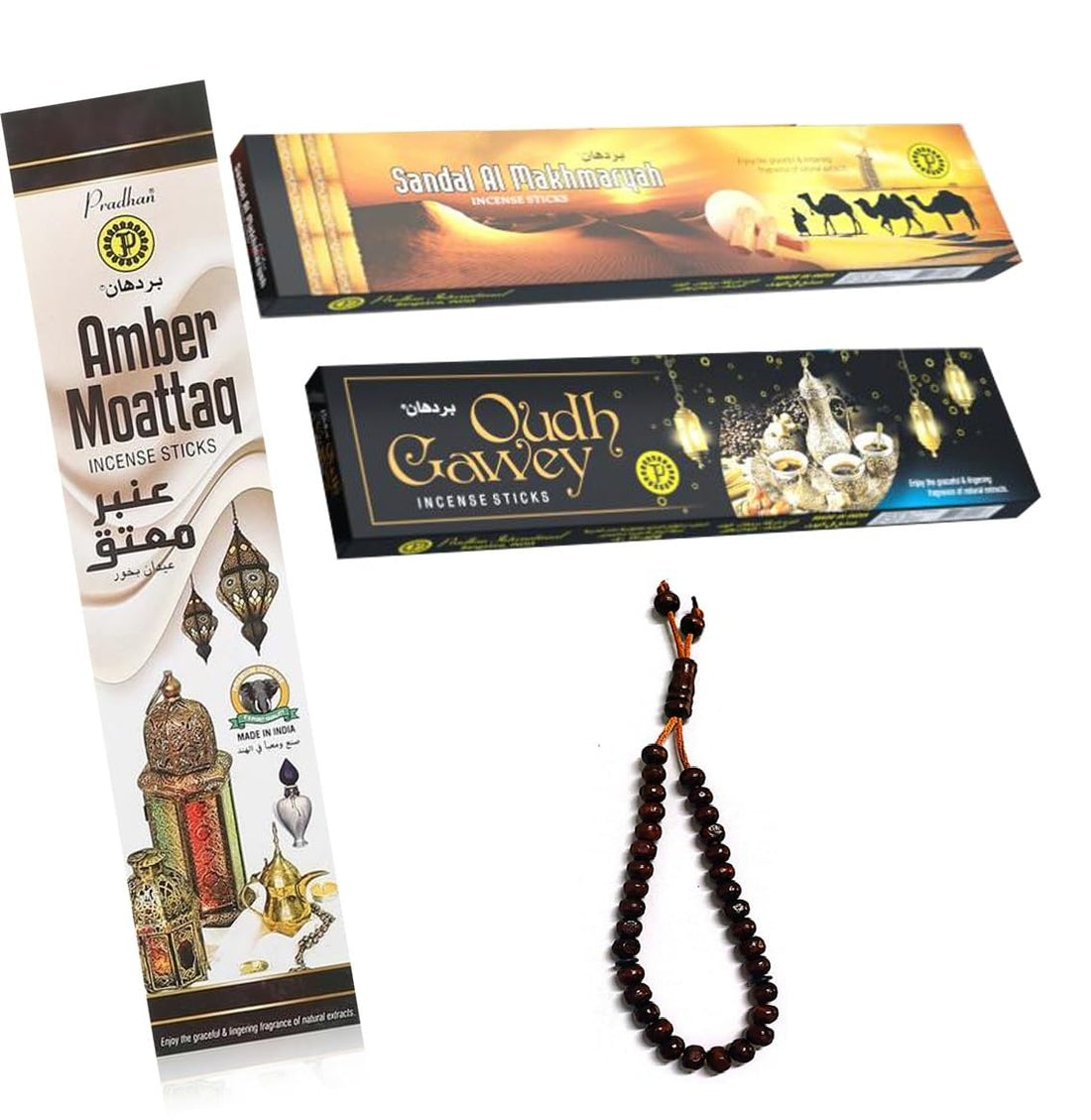 سبحة هدية مع 3 علب بخور بردهان الندي بأعطر فاخر (ابر متقا - عود جاوى - صندل مخمرية) - كل علبة فيها 14 عود