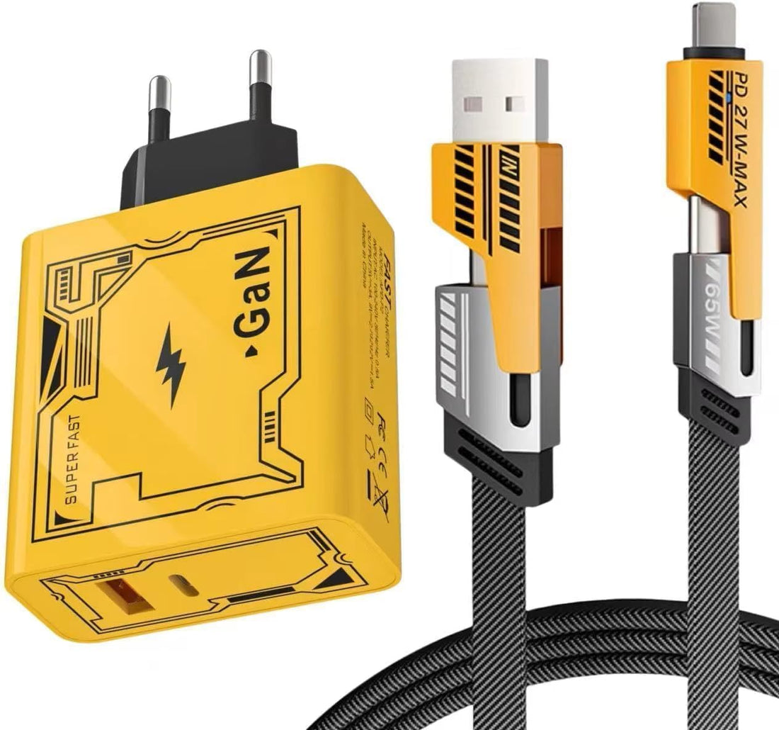GaN 120W Fast Charger with 4-in-1 Multi Cable, USB-C to USB-C/Lightning/USB Adapter, Super Fast Charging for Laptop, iPad, iPhone, Android Devices, Yellow