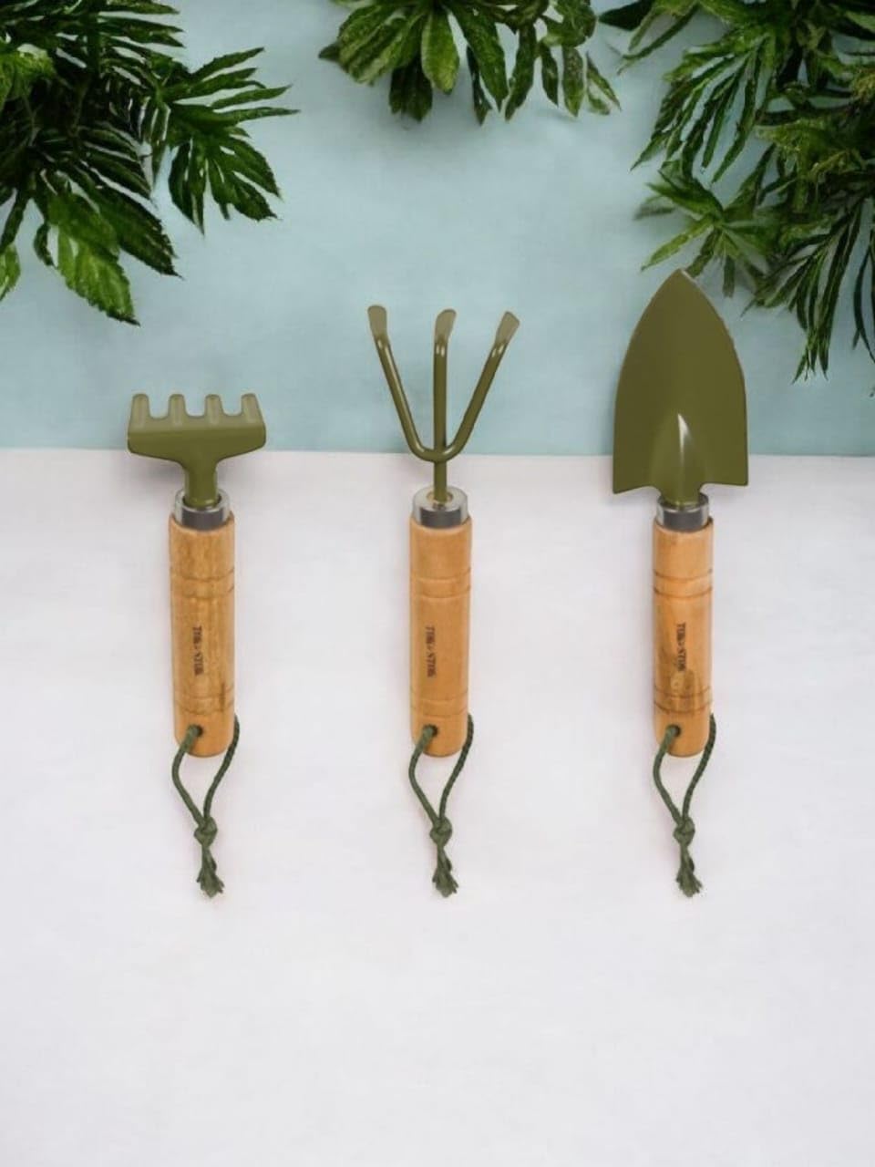 Wooden Garden Tool Set, 3 Pieces Shovel Pitchfork Fork Wooden Handles with Green Metal Heads, DIY Gardening Tools for Home Garden