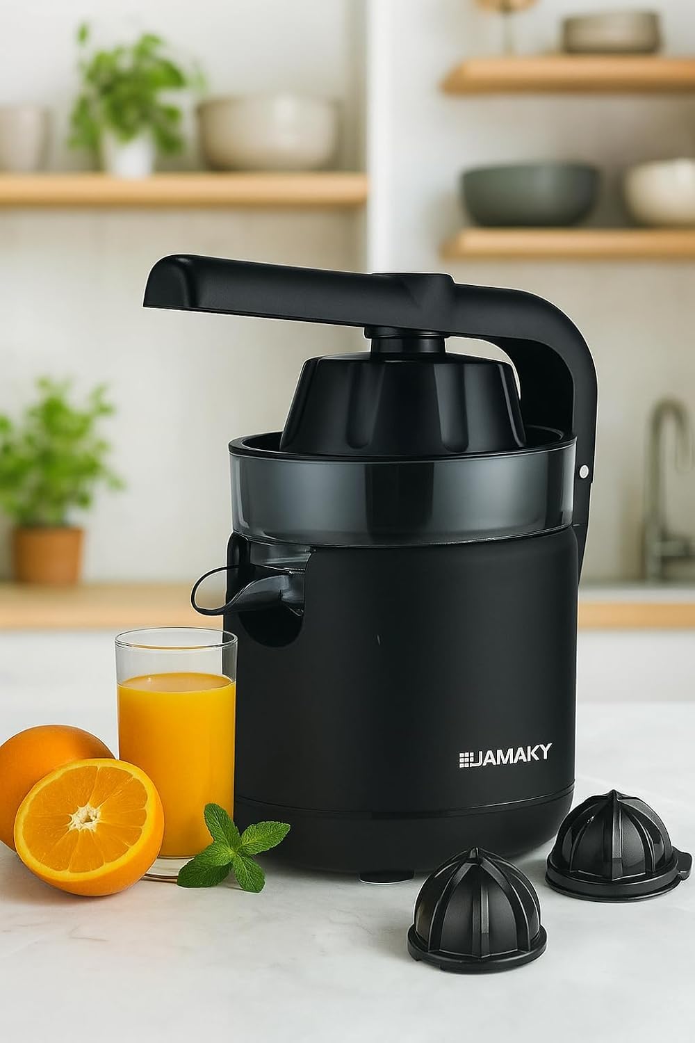 JAMAKY Electric Citrus Juicer, 200W, 200ml Capacity, Black Body, Model JMK4019, Pure Copper Motor, Double Juicing Cone, Easy to Clean