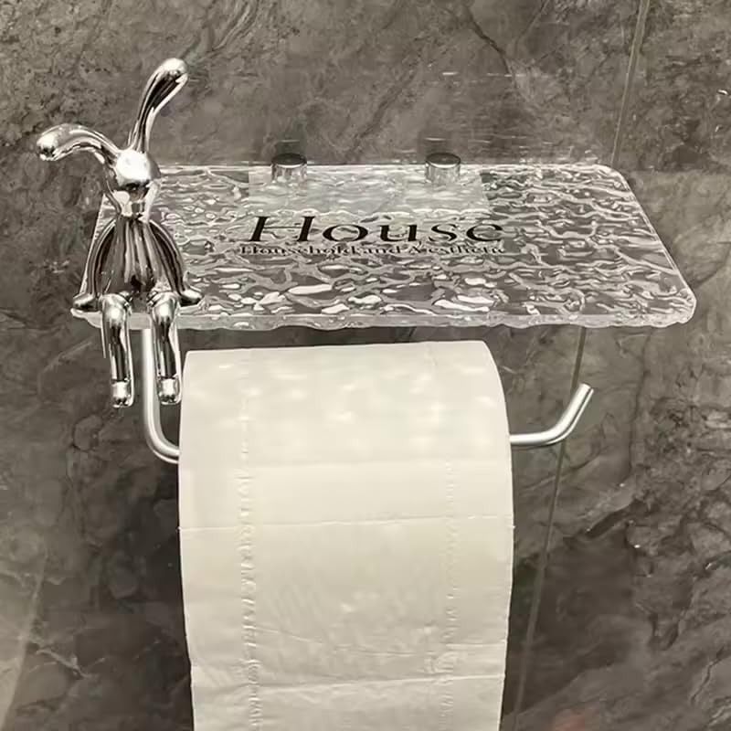 Downtown Decorative Toilet Paper Holder with Shelf, Silver Rabbit Design Wall-Mounted Acrylic Tissue Rack for Bathroom, Modern Storage Organizer for Phone and Wet Wipes with Animal Figure