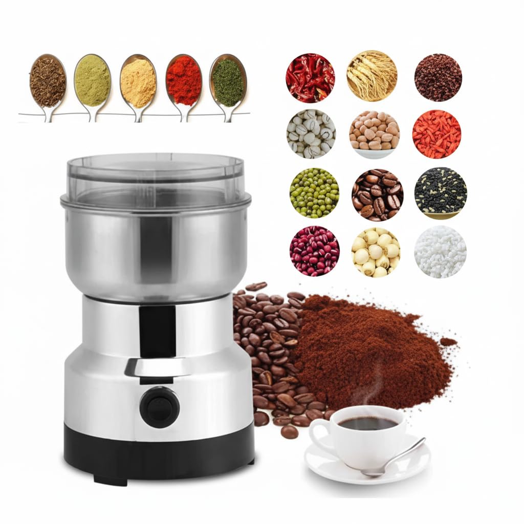 150W Powerful Electric Grinder for Coffee Spices Nuts Grinding – Stainless Steel Design with Clear Lid and Easy to Clean – Household Multipurpose Grinder Compact