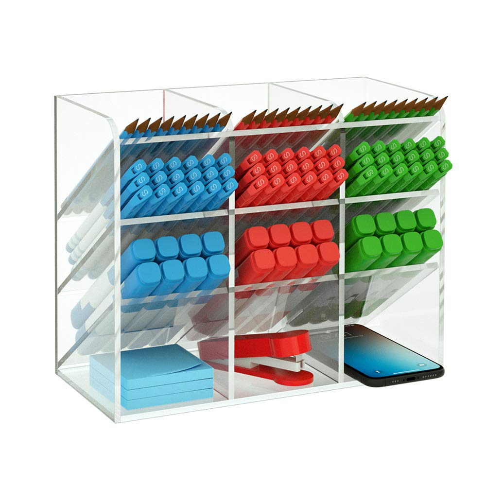 Best Media Clear Acrylic Desk Organizer and Pen Holder, 12-Compartment Pencil Caddy for Office and School, Versatile Makeup Brush Organizer and Art Craft Supplies Storage Solution