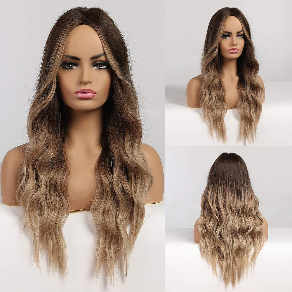 ECIF Ombre Brown Wigs Long Wavy Wig Brown Root Light Blonde Wigs Middle Part None Lace 26 Inch Synthetic Wigs For Women…