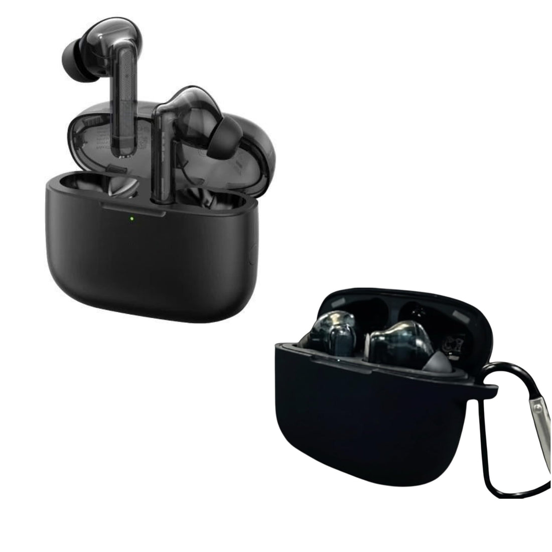 Silicone Case For Oraimo Freebuds Lite, OTW-330 Earbuds, Soft-Touch, Shock-Absorbent, Slim Lightweight Design, with Metal Carabiner, Wireless Charging Support, Anti-Dust Finish ((Black))