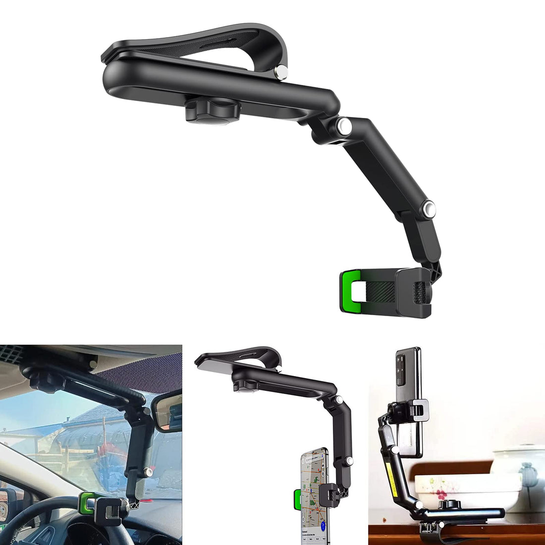 Sun Visor Car Phone Holder Mount Multifunctional Cell Phone Stand Universal Adjustable Arm Cradles Car Holder Mount Phone Car Clip Mount for Sun Visor Rearview Mirror Steering Wheel (Green)