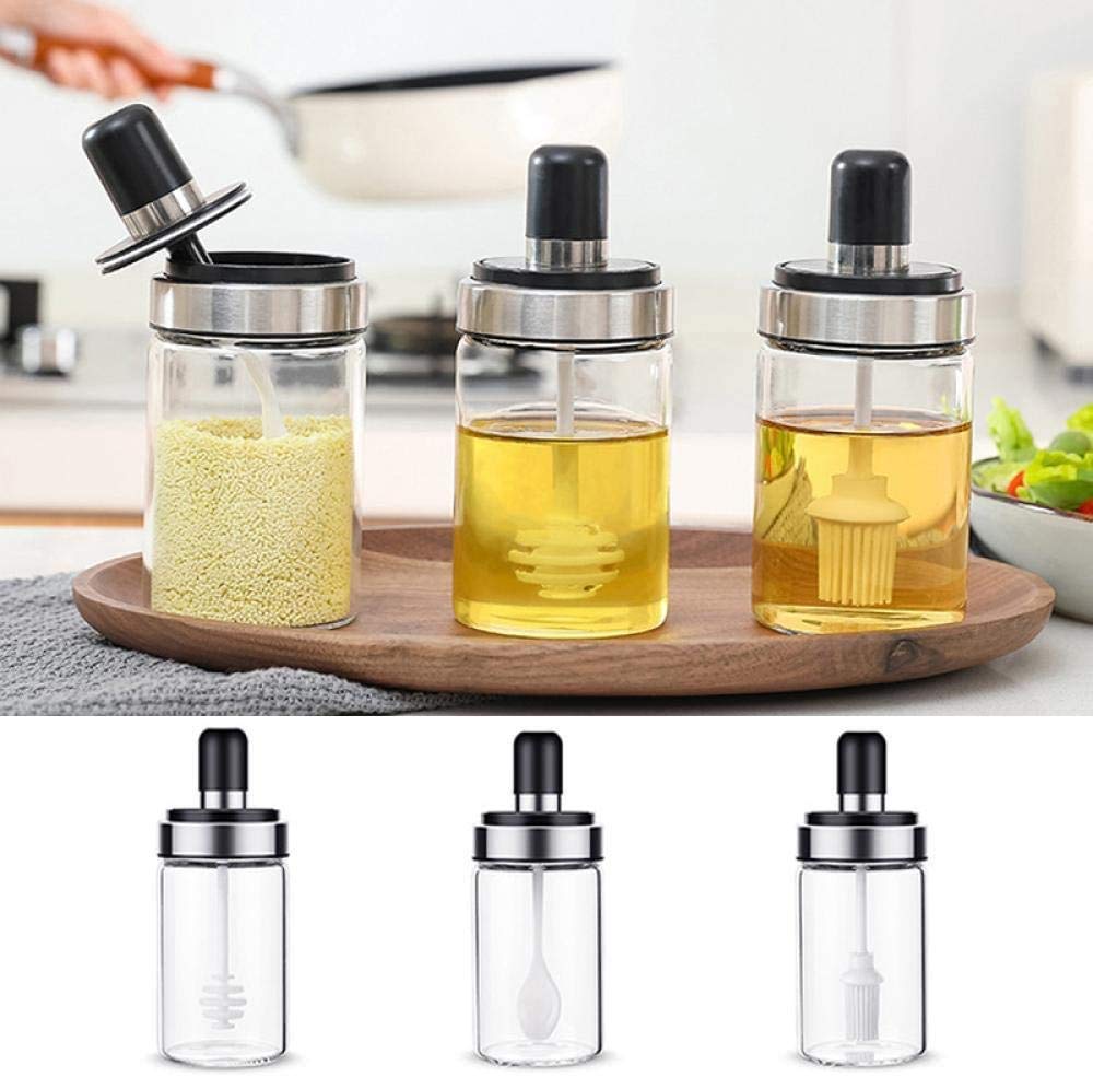 3 Pcs Storage Container Condiment Jars Set with Spoon , Glass Seasoning Container Oil/Honey Dispenser Kitchen Seasoning Bottle Spice/Pickle Jar with Lid 🎀