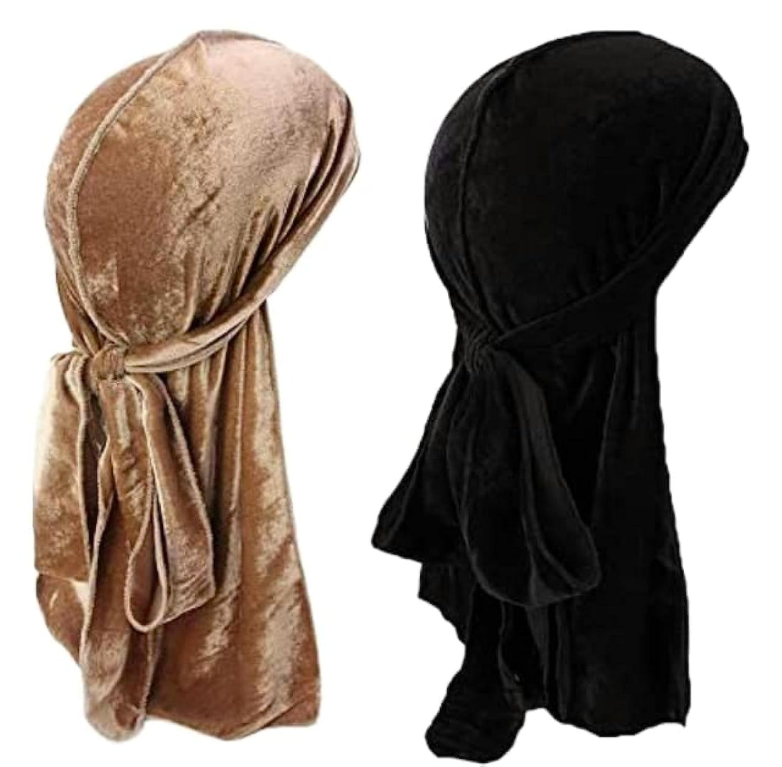 Men's Velvet Durags (Pack of 2, Black/Beige)
