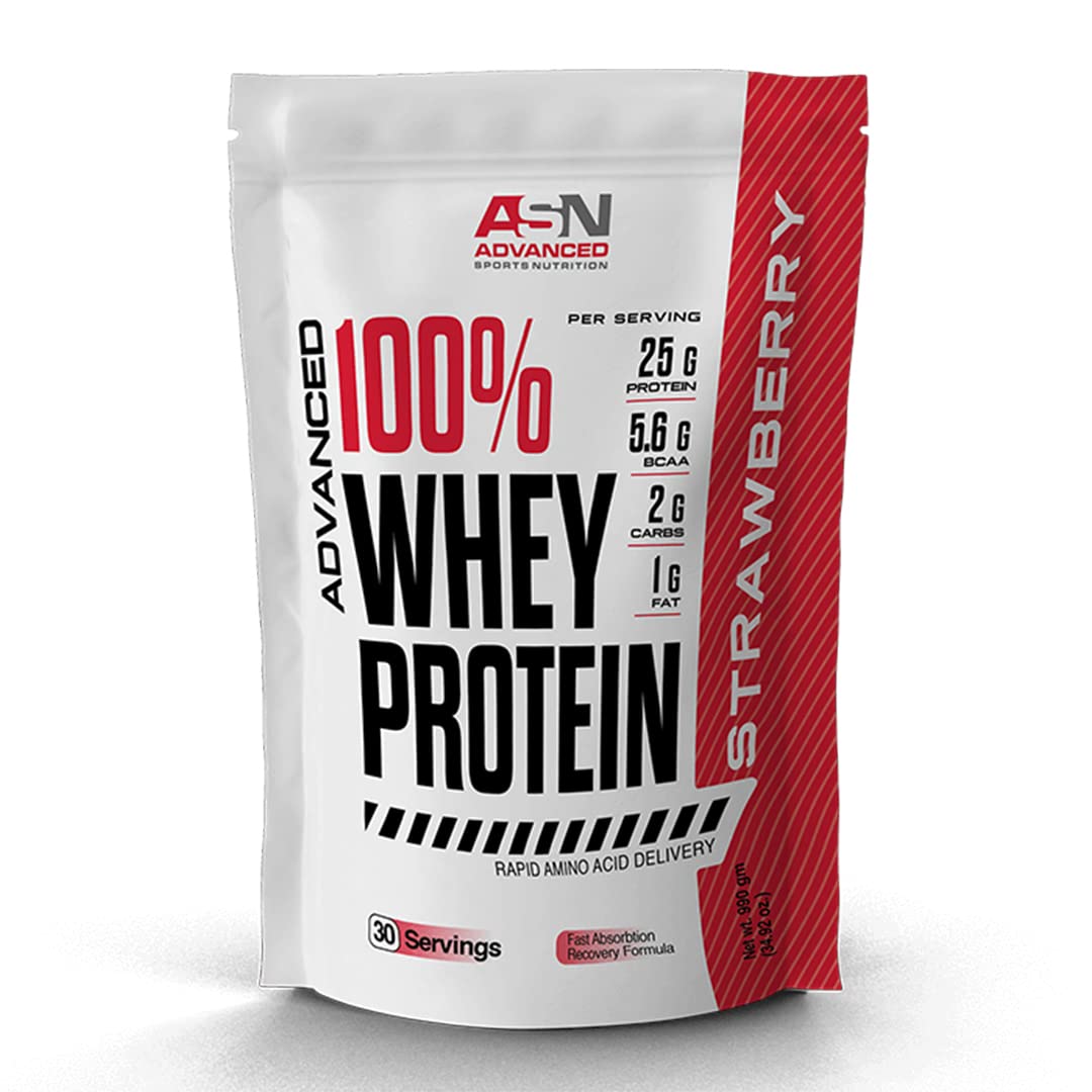Advanced sports nutrition (asn) | 100% whey protein | strawberry | 30 servings | 25g protein | high protein | amino optimal performance | bcaa | muscle building | quick absorbing | 120 calories