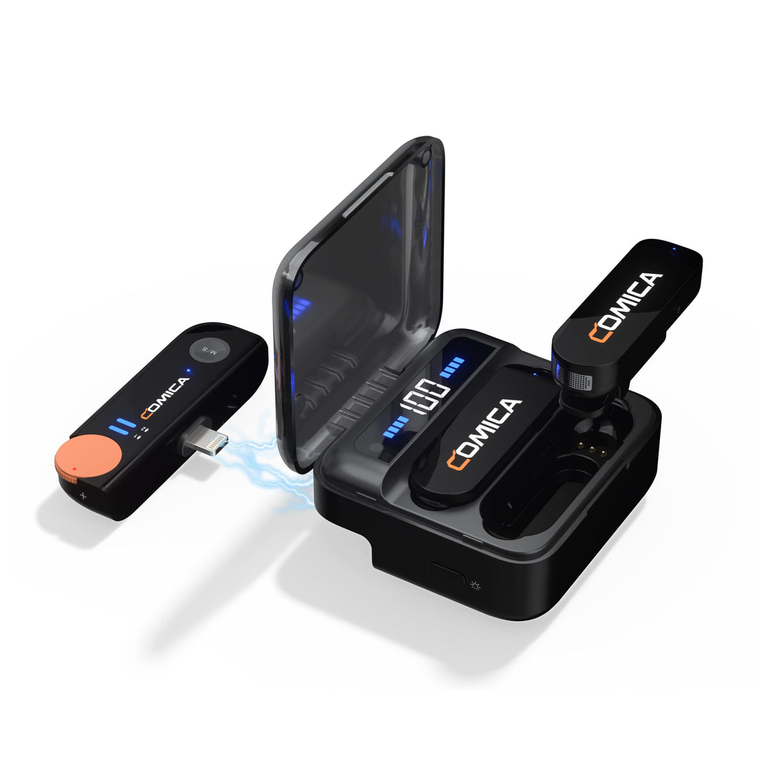 COMICA Vimo S MI Wireless Microphone for iOS 【Lightning-MFi Certified】 200 M Transmission, Plug & Play Tie Microphone with Charging Case for Interview Youtube TikTok Vlog Live Stream (Black)