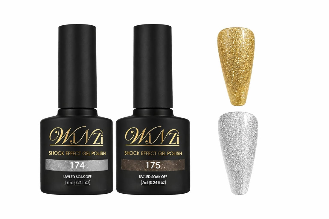 Shock Effect Gel Polish Set, Glitter Gold and Silver UV LED Soak Off Gel Nail Polish, High Shine Sparkle Finish, Long Lasting Manicure, Easy Application, 7ml Each (174,175)
