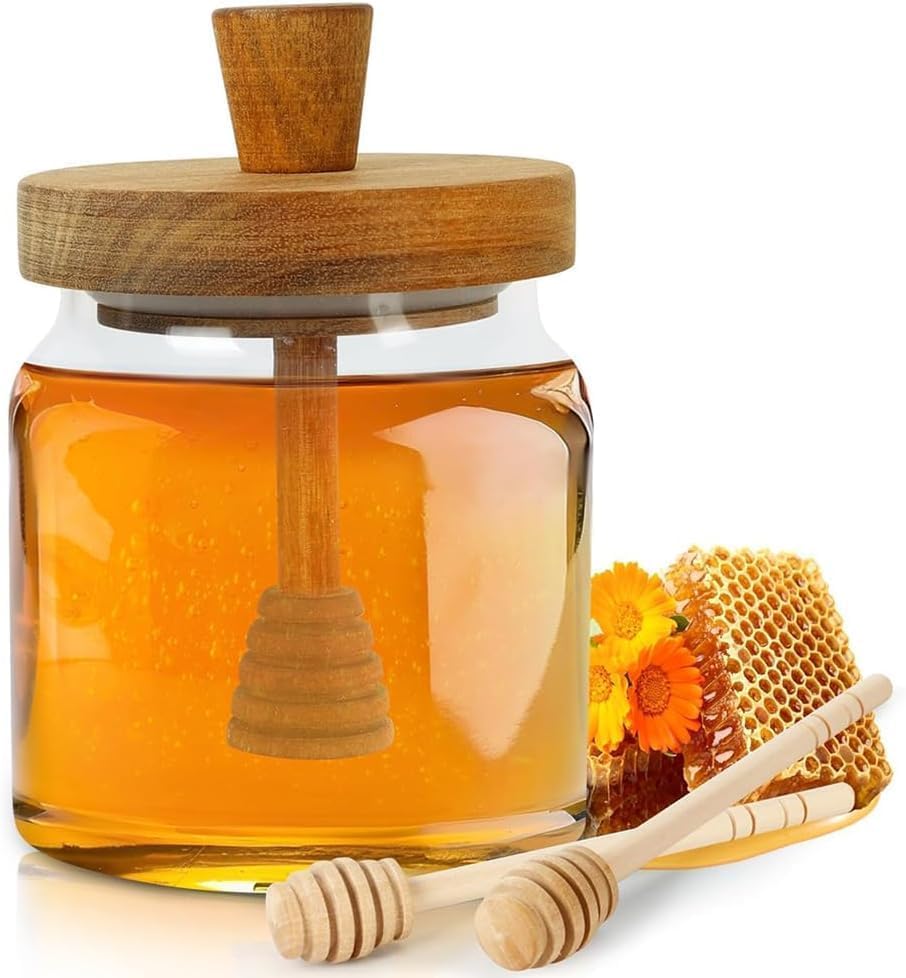 Luxury Honey Jar with Natural Wooden Lid – Airtight Glass Container for Preserving Fresh Honey, Serving Syrups, Jams, or Condiments with Elegance and Ease