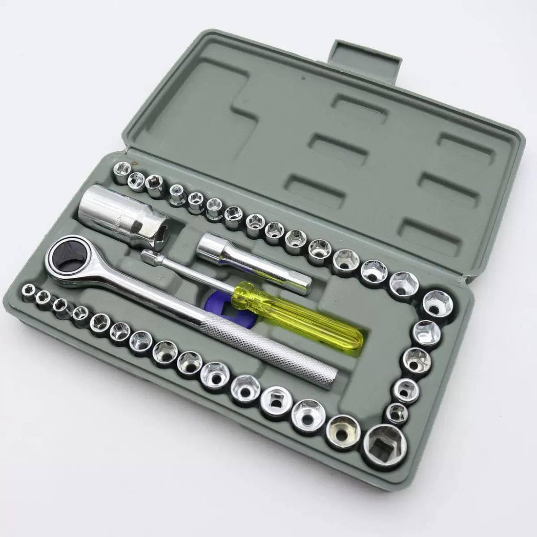 Professional 40-Piece Socket Wrench Set, Chrome Steel, Ratchet Handle with Extension Bar, Portable Storage Case