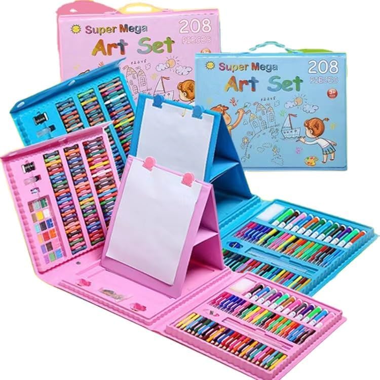 VOW 208 Pcs Kids Art Supplies Drawing Coloring set for Kids Adults Art Set with Double Sided Trifold Easel, Oil Pastels, Crayons, Color paints set Xmas Brthday Gift (Blue)