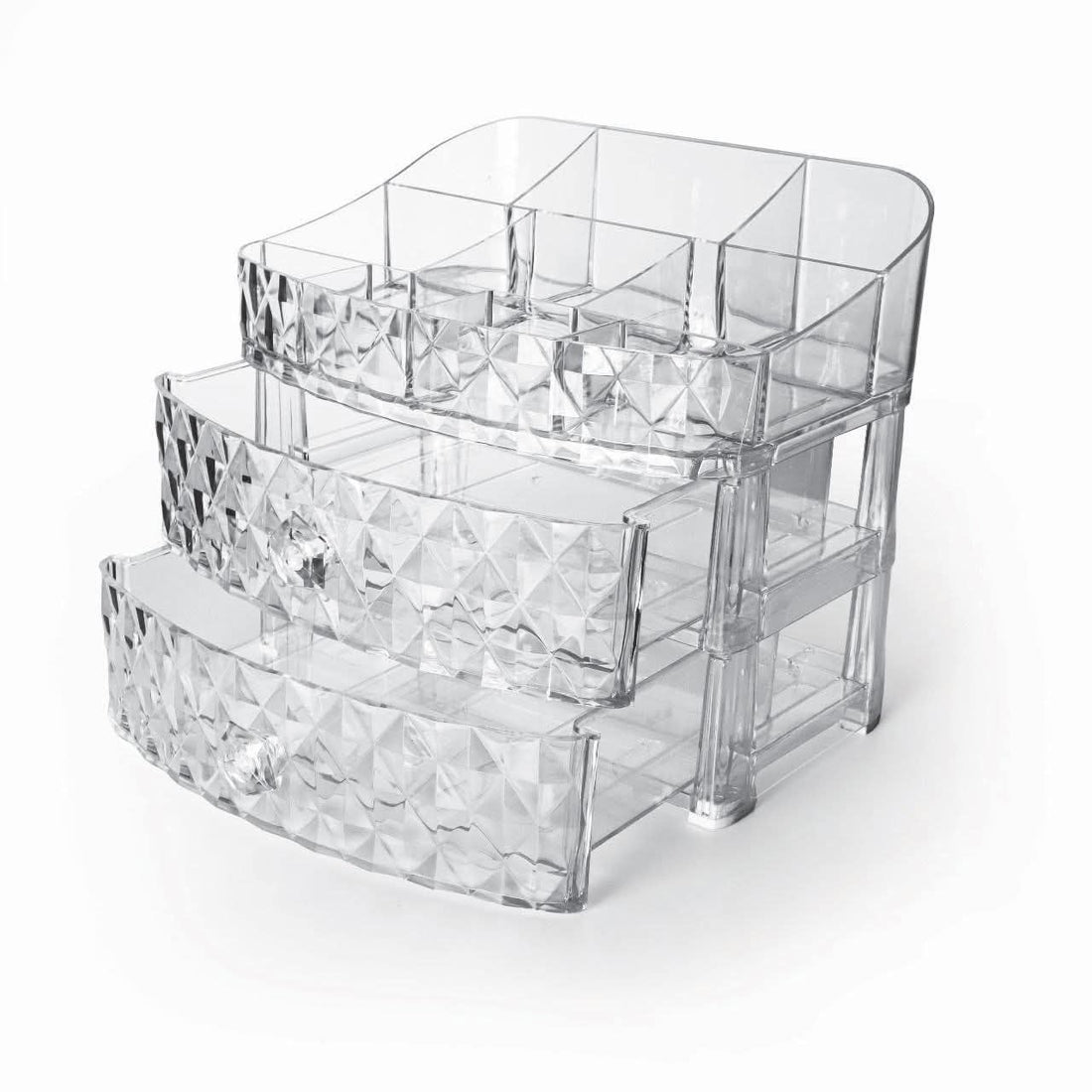3-Tier Clear Acrylic Makeup Organizer with 2 Drawers Cosmetic Storage – Practical Design for Table, Bathroom, Bedrooms h