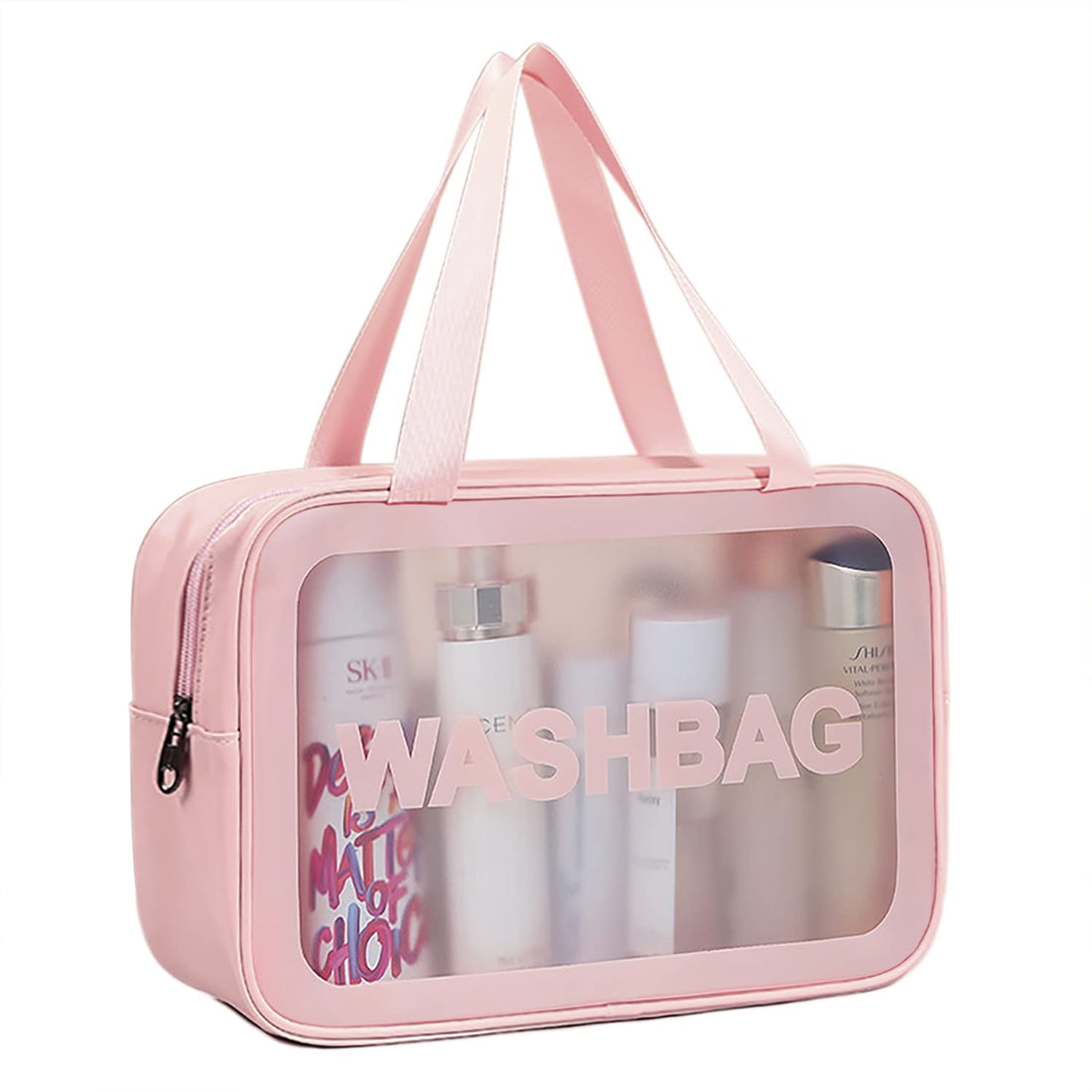 Matte Translucent Travel Toiletry Bag features a handy handle and large capacity for cosmetic and shower accessories organization. Pink L.