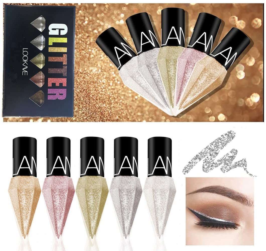 Glitter Eyeliner Colorful Set,5 Colors Metallic Shimmer White Silver Gold Diamond Eye Liner,Glitter Eyeliner Korean Makeup,Waterproof Long Lasting Glow Eyeliner Sparkle Eyeshadow Makeup (1)