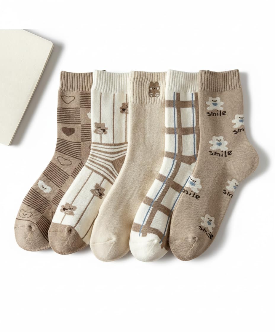 Premium Egyptian Cotton (Pack of 5) Women's Long Cotton Socks, Teddy Bear Theme, Brown Beige Coffee Colours, Soft Casual Everyday Socks