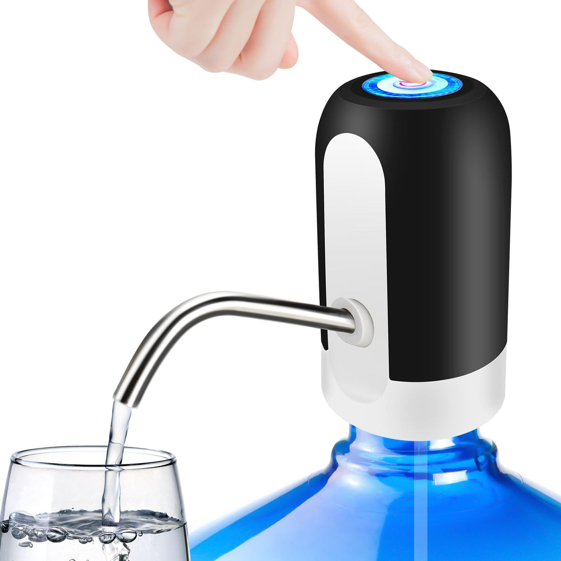 Kufung portable water bottle pump, 5 gallon universal bottle electric water dispenser with switch and usb charging, for camping, kitchen, workshop, garage (black)