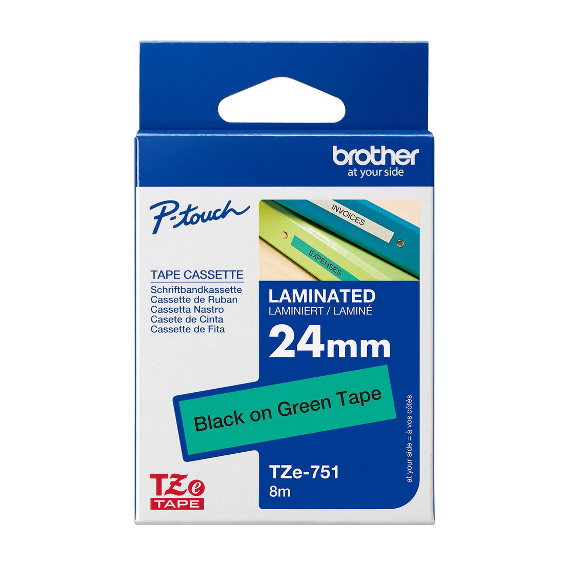 Genuine brother tze-751 24mm standard laminated label tape replacement for brother label printers, black on green