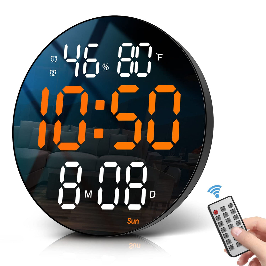 JoFomp Modern Wall Clock, 10 Inch LED Digital Clock, Large Display, Remote Control, Automatic Brightness, Temperature, Humidity, Alarm Clock, Date, Week, Timer, 12/24H, for Living Room Decor (Orange)