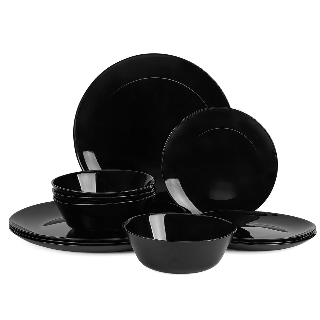 LaGlint Dinnerware Sets for 4, 12 Pieces Opal Glass Plates and Bowls Set, Dishwasher and Microwave Safe Dish Dinning Ware Set, Chip and Scratch Resistant Dishware Sets Black