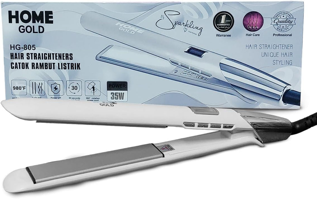 Home Gold Hair Straightener Salon Quality Styling 980°C Perfect for Curly and Straight Hair 30s Fast Heating 360 35W Swivel Cord Model HG-805 Ceramic